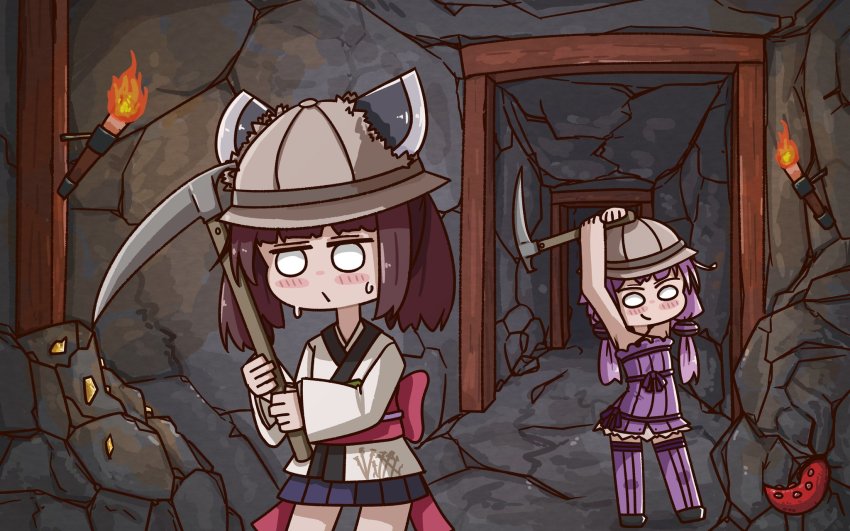 2girls arms_up blue_skirt brown_hair commentary criss-cross_halter dress hair_ornament halterneck helmet highres japanese_clothes kedama_neko kimono mineshaft mining miniskirt multiple_girls obi pickaxe pith_helmet pleated_skirt purple_dress purple_hair purple_legwear rock sash short_hair short_hair_with_long_locks sidelocks skirt smile solid_circle_eyes sweat thighhighs torch torn_clothes touhoku_kiritan voiceroid white_eyes white_kimono yuzuki_yukari