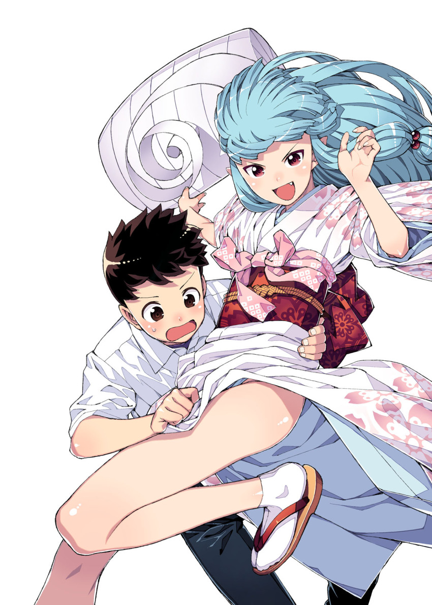 1boy 1girl :d aqua_hair bare_legs blush brown_eyes brown_hair fang fingernails grin hair_bobbles hair_ornament hamada_yoshikazu highres japanese_clothes kagami_kazuya kimono kiriha_(tsugumomo) long_hair obi official_art open_mouth panties photoshop_(medium) red_eyes sandals sash school_uniform sidelocks simple_background smile socks tabi tsugumomo underwear white_background
