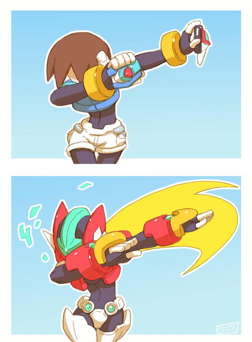 1girl aile_(mega_man_zx) armor black_bodysuit blonde_hair blue_background bodysuit bodysuit_under_clothes brown_hair dab_(dance) helmet highres long_hair mega_man_(series) mega_man_zx model_x_(mega_man) model_z_(mega_man) model_zx_(mega_man) red_armor short_hair shorts signature tomycase white_shorts