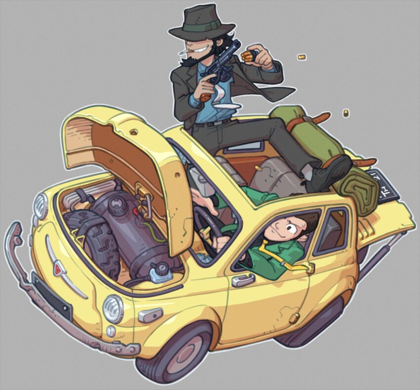 2boys arsene_lupin_iii black_hair black_headwear black_jacket black_pants blue_shirt cameron_sewell car cigarette driving facial_hair fiat_500 full_body green_jacket grey_background gun hat highres holding holding_weapon jacket jigen_daisuke lupin_iii male_focus motor_vehicle multiple_boys necktie pants shell_casing shirt shirt_tucked_in simple_background vehicle_focus weapon white_necktie yellow_car yellow_necktie