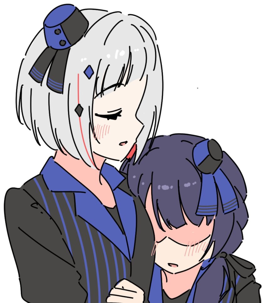 2girls ameiro_(love_live!) awoke_(love_live!) black_ribbon blue_hair blue_hat bob_cut closed_eyes colored_inner_hair commentary_request diagonal_bangs diamond_hair_ornament dollchestra grey_hair hair_ribbon hat highres hug inverted_bob link!_like!_love_live! llkapital long_hair love_live! low_twintails mini_hat multicolored_hair multiple_girls murano_sayaka no_eyes official_alternate_costume parted_lips red_hair ribbon shaded_face short_hair simple_background streaked_hair tilted_headwear twintails upper_body virtual_youtuber white_background yugiri_tsuzuri