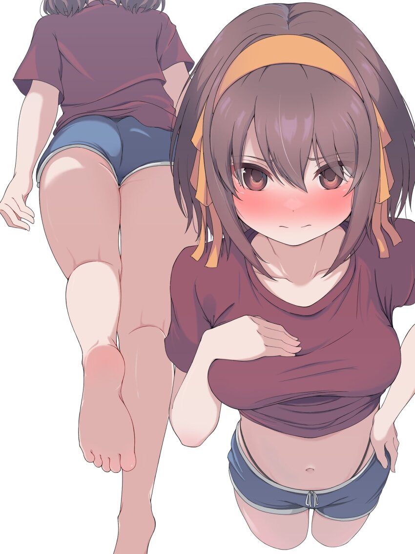 1girl barefoot black_hair black_panties blue_shorts blush breasts brown_eyes closed_mouth collarbone cropped_legs cropped_shirt feet from_above from_below hair_ribbon hand_on_own_chest hand_on_own_hip highres looking_at_viewer medium_breasts medium_hair multiple_views navel orange_ribbon paid_reward_available panties panty_peek rai_iceblast red_shirt ribbon shirt short_sleeves shorts simple_background soles string_panties suzumiya_haruhi suzumiya_haruhi_no_yuuutsu t-shirt thighs toes underwear white_background
