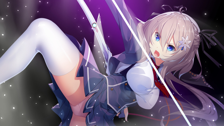 1girl akatsuki_yureru_koi_akari blue_eyes breasts female_focus fighting_stance game_cg groin hair_between_eyes hilt kuki_asahi legs legs_apart light_brown_hair long_hair looking_at_viewer medium_breasts open_mouth original outstretched_arm panties pantyshot school_uniform serious simple_background skirt solo standing thighhighs thighs underwear usume_shirou v-shaped_eyebrows white_thighhighs zettai_ryouiki