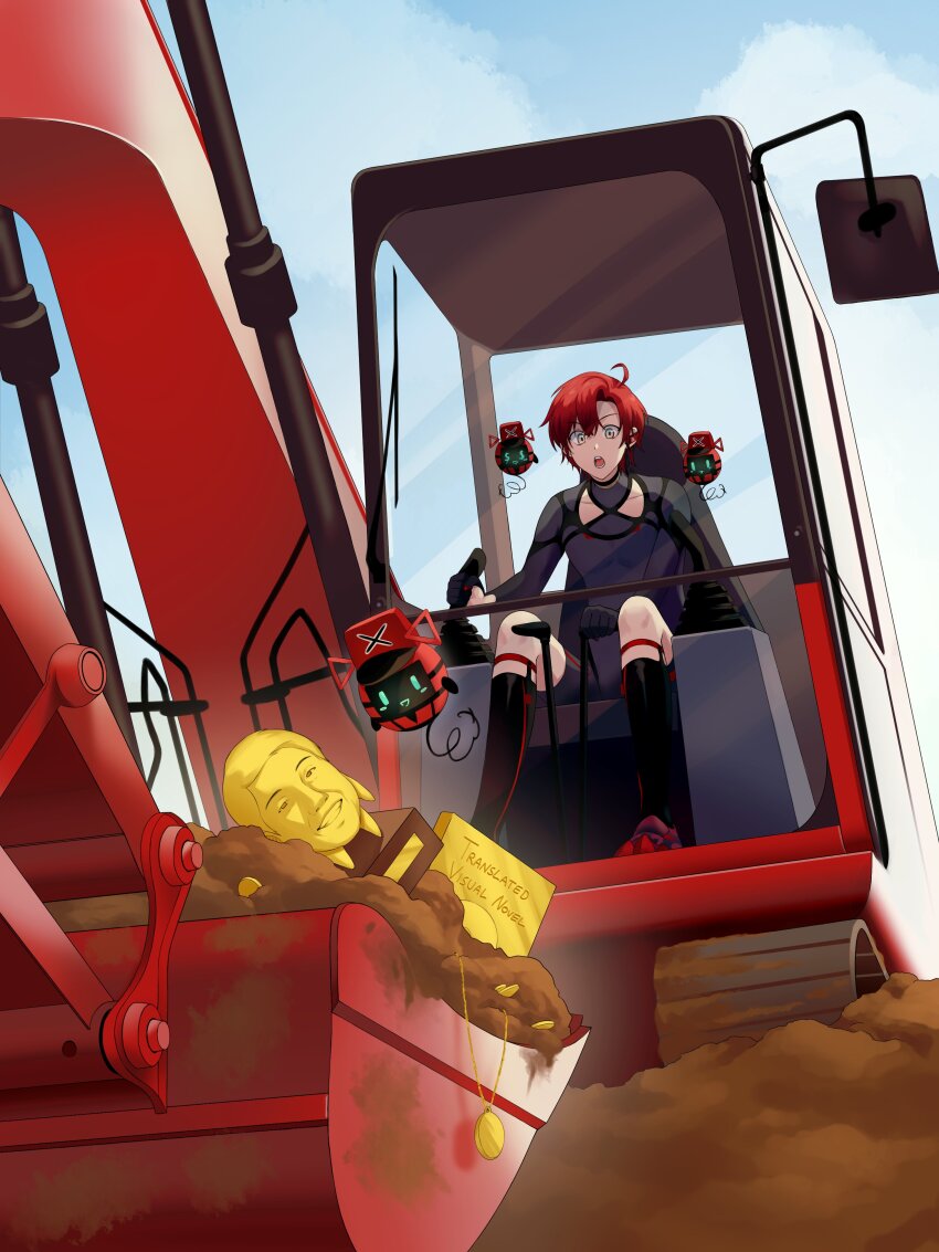 1boy absurdres black_bodysuit black_socks blue_sky bodysuit commentary cowlick digging dirt english_commentary english_text excavator facing_viewer gloves gold hair_between_eyes highres holostars holostars_english kneehighs machina_x_flayon machinery machiroon_(machina_x_flayon) male_focus motor_vehicle mud myem open_mouth short_hair sitting sky socks surprised treasure trophy virtual_youtuber yagoo