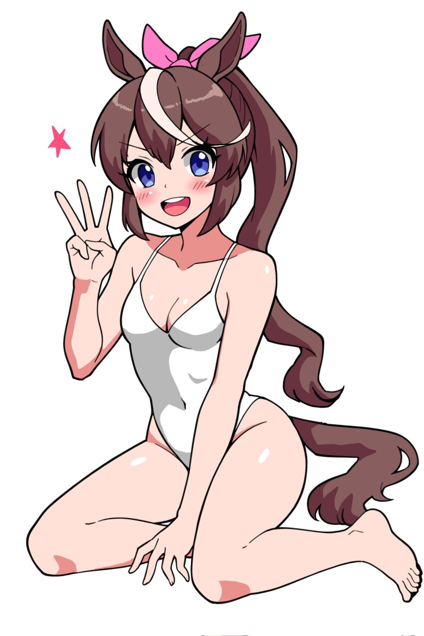 1girl animal_ears arm_between_legs barefoot blush breasts brown_hair cleavage collarbone commentary covered_navel full_body halterneck highres horse_ears horse_girl horse_tail long_hair looking_at_viewer one-piece_swimsuit open_mouth ponytail purple_eyes simple_background sodeshita_marshmallow solo star_(symbol) swimsuit tail teeth thighs tokai_teio_(umamusume) umamusume upper_teeth_only white_background white_hair white_one-piece_swimsuit
