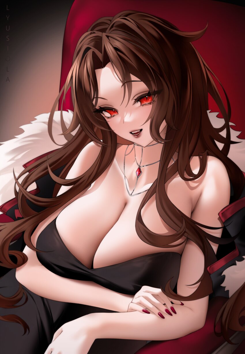 1girl absurdres bare_shoulders breasts brown_hair cleavage collarbone commentary commission fangs fingernails gem highres jewelry large_breasts lips long_hair lyusiola nail_polish necklace necktie open_mouth original parted_bangs pink_pupils red_eyes red_gemstone red_necktie slit_pupils solo strapless very_long_hair