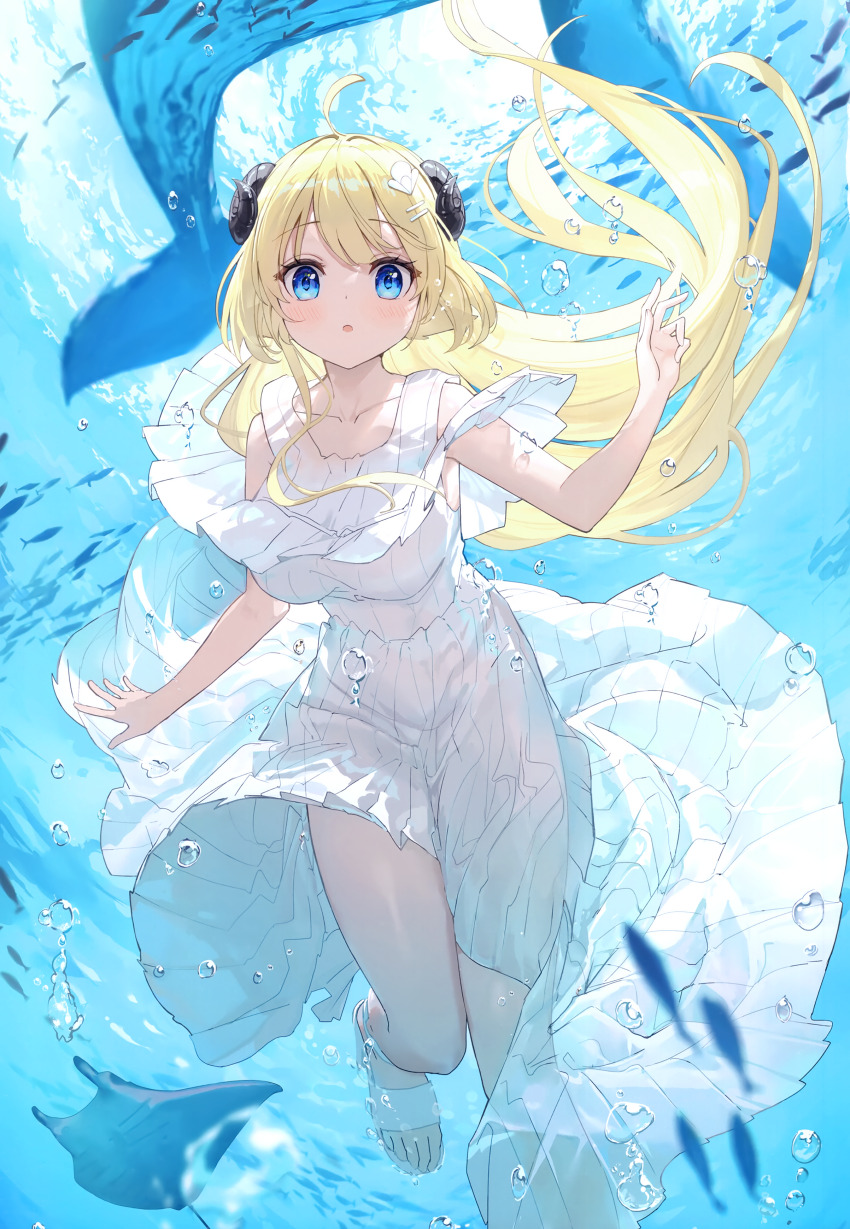 1girl :o absurdres ahoge air_bubble arm_up bare_legs black_horns blonde_hair blue_eyes blurry breasts bubble chestnut_mouth collarbone day depth_of_field dress fish floating_hair full_body fuumi_(radial_engine) hair_ornament hairclip high_heels highres hololive horns large_breasts leg_up long_dress long_hair looking_at_another looking_at_viewer non-web_source ocean open_mouth parted_lips sandals scan sheep_girl sheep_horns sidelocks solo thighs toes tsunomaki_watame underwater virtual_youtuber whale white_dress white_sandals