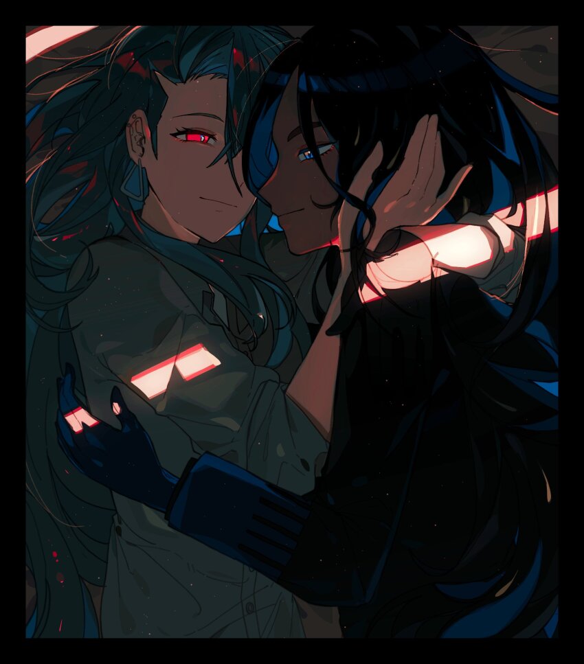 2girls black_border black_gloves black_hair black_jacket blue_eyes border crack_of_light creatures_(company) ear_piercing earrings game_freak geeta_(pokemon) gloves glowing glowing_eye green_hair hair_down hand_on_another&#039;s_head highres jacket jewelry karminrotword lying multiple_girls nintendo on_side one_eye_covered piercing pokemon pokemon_sv red_eyes rika_(pokemon) shirt smile triangle_earrings upper_body yuri