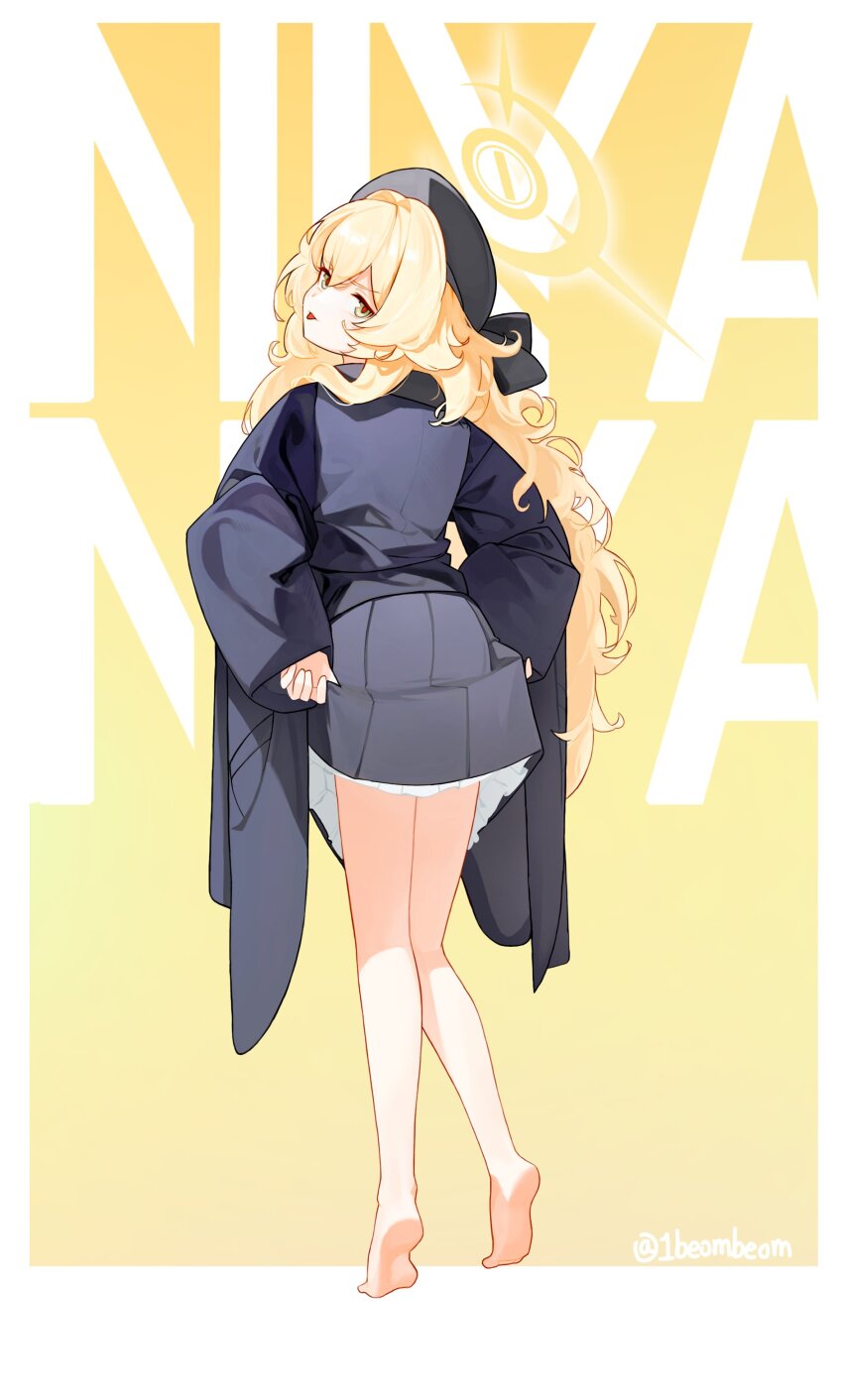 1beombeom 1girl :p absurdres barefoot beret black_coat black_hat black_skirt blonde_hair blue_archive clothes_lift coat fluffy_hair green_eyes halo hat highres looking_back professor_niyaniya_(blue_archive) skirt skirt_lift standing tongue tongue_out yellow_background yellow_halo