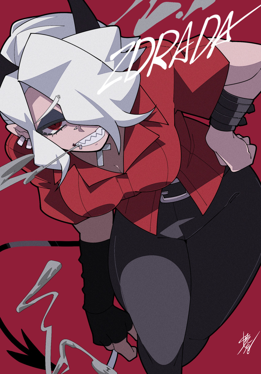 1girl black_choker breasts choker collared_shirt cross demon_girl demon_horns helltaker highres horns large_breasts red_eyes red_shirt sharp_teeth shirt smoking solo teeth yaki_usagi zdrada_(helltaker)