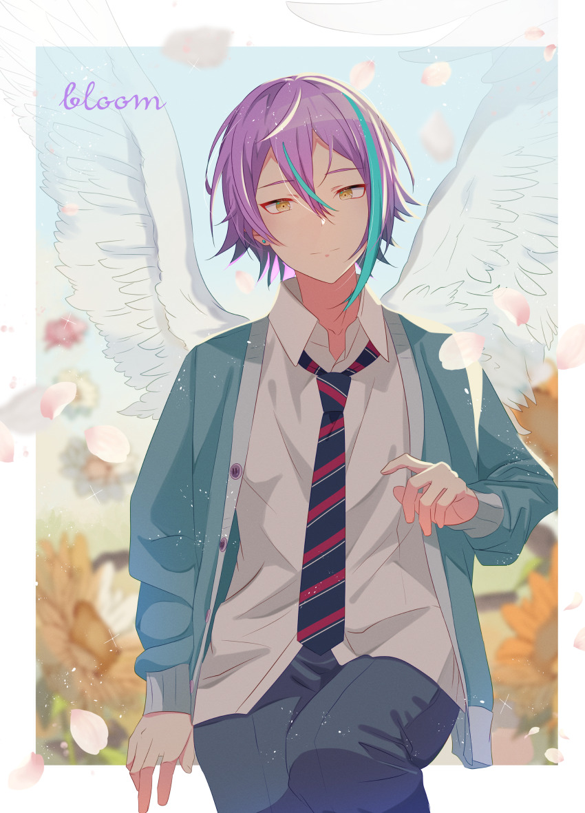 1boy absurdres angel_wings blue_hair blue_jacket cherry_blossoms closed_mouth collared_shirt flower hair_between_eyes highres jacket kamishiro_rui kokaigawashiki long_sleeves looking_at_viewer multicolored_hair necktie pants project_sekai purple_hair shirt short_hair simple_background smile streaked_hair sunflower two-tone_hair wings yellow_eyes