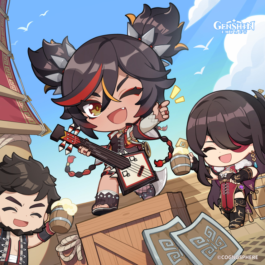 1boy 2girls absurdres barrel beidou_(genshin_impact) bird black_nails blue_sky boots braid breasts brown_hair chibi cleavage closed_eyes cloud commentary copyright_name crate crossed_bangs dark-skinned_female dark_skin day dot_nose earrings english_commentary eyepatch facial_hair fang fingerless_gloves genshin_impact gloves guitar hair_between_eyes high_heel_boots high_heels highres holding holding_guitar holding_instrument instrument jewelry long_hair looking_at_viewer medium_breasts medium_hair multicolored_hair multiple_girls multiple_rings nail_polish official_art open-toe_boots open_mouth outdoors pelvic_curtain ring sky smile standing streaked_hair tassel thigh_boots v-shaped_eyebrows very_long_hair vision_(genshin_impact) xinyan_(genshin_impact)