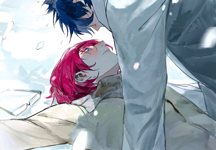 2boys blue_coat blue_eyes blue_hair blush closed_mouth coat colored_eyelashes day ensemble_stars! face-to-face geetasdog glasses highres looking_at_another lying male_focus multiple_boys on_floor outdoors rectangular_eyewear red_hair saegusa_ibara sazanami_jun shadow short_hair snow snowing unworn_eyewear winter winter_clothes winter_coat yaoi yellow_coat yukadon