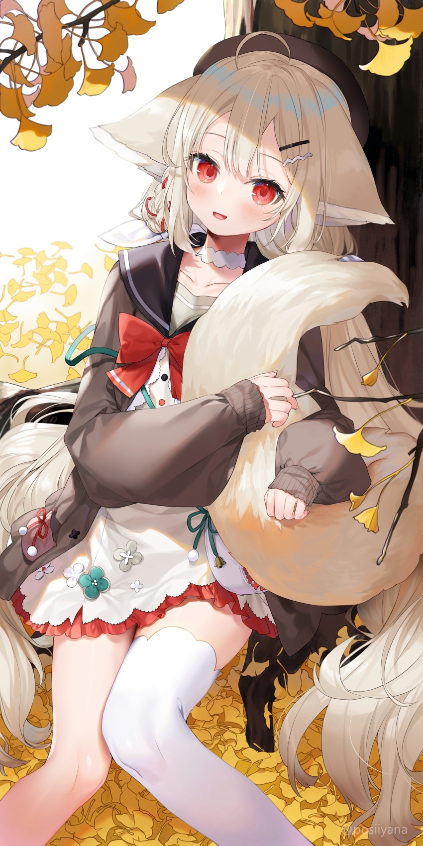 1girl :o absurdres ahoge animal_ear_fluff animal_ears asymmetrical_legwear bag beret black_hat black_sailor_collar bow bowtie braid brown_jacket choker collarbone commentary commission dress feet_out_of_frame floral_print fox_ears fox_girl fox_tail ginkgo_leaf hair_between_eyes hair_ornament hairclip hat highres hugging_own_tail hugging_tail jacket knees_together_feet_apart large_ears large_tail leaf leaning_back long_hair long_sleeves low_twintails open_clothes open_jacket open_mouth original outdoors puffy_long_sleeves puffy_sleeves red_bow red_ribbon ribbon sailor_collar sakurada_shiro_(autumn)_(hy_plus) sakurada_shiro_(hy_plus) short_dress shoulder_bag side_braid signature single_thighhigh sitting skeb_commission sleeves_past_wrists smile solo tail thighhighs tree twintails uneven_legwear very_long_hair white_choker white_dress white_hair white_thighhighs yana_mori