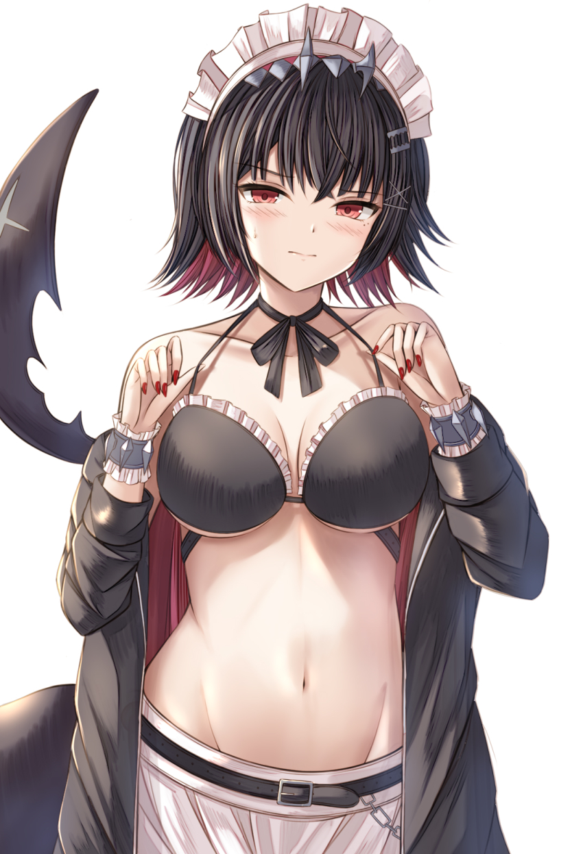 1girl alternate_costume bare_shoulders belt wallet_chain black_belt black_bra black_hair black_jacket blush bra breasts cleavage closed_mouth collarbone colored_inner_hair commentary ellen_joe fins fish_tail highres jacket kanpyou_(hghgkenfany) large_breasts looking_at_viewer maid_headdress multicolored_hair nail_polish navel open_clothes open_jacket orange_eyes pink_hair red_nails shark_girl shark_tail short_hair simple_background skirt solo stomach sweatdrop tail underwear white_background white_skirt zenless_zone_zero