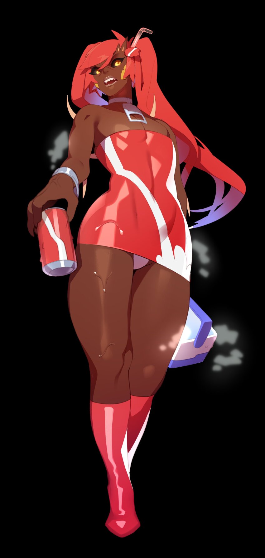 1boy absurdres black_background black_sclera boots can choker colored_sclera combos_&amp;_doodles cooler crossdressing crossdressing_(mtf) dark-skinned_male dark_skin doom_(series) dress drink_can full_body hair_ornament hdoom highres holding holding_can holding_cooler imp_(doom) knee_boots long_hair male_focus open_mouth panties red_boots red_dress red_hair sharp_teeth short_dress simple_background sleeveless sleeveless_dress solo standing strapless strapless_dress teeth trap twintails underwear very_dark_skin white_choker white_panties yellow_eyes