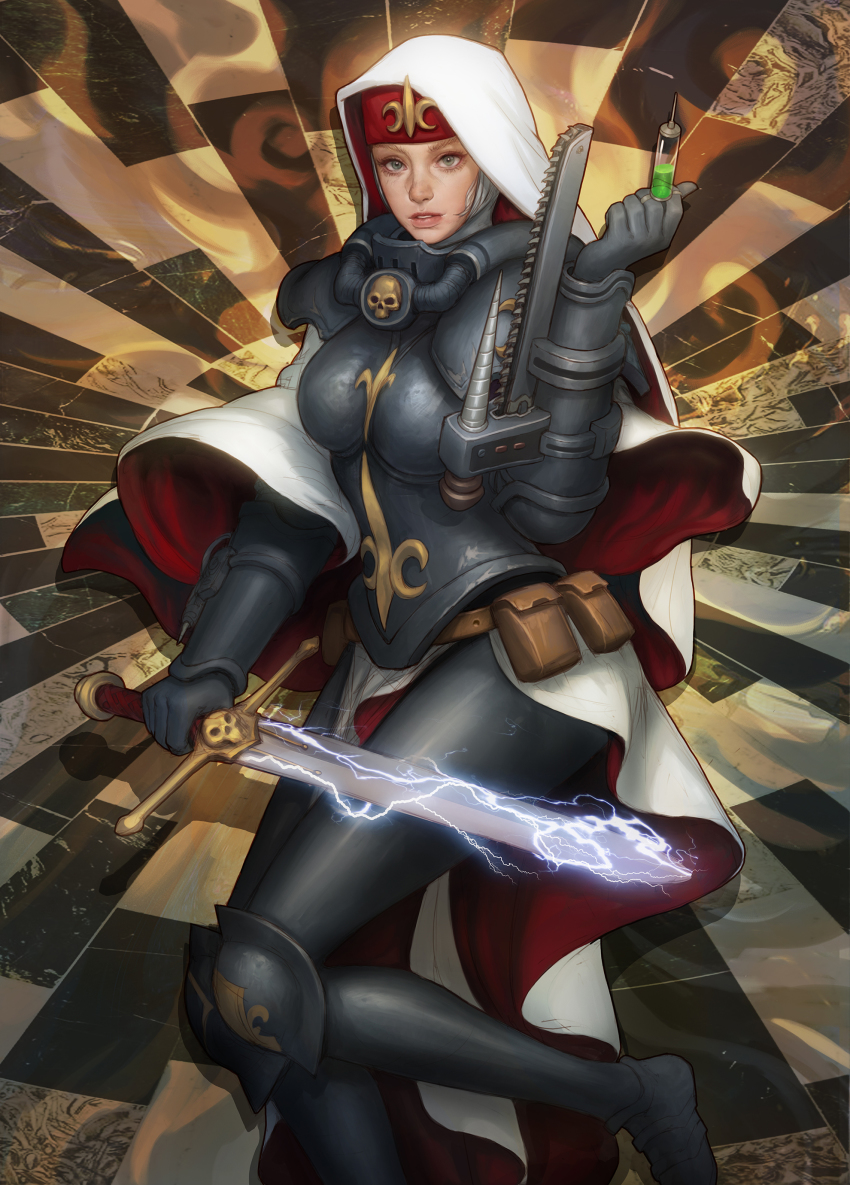 1girl absurdres adepta_sororitas arm_blade armor boobplate breastplate breasts chainsword cloak commentary drill electricity english_commentary grey_eyes habit highres holding holding_sword holding_syringe holding_weapon looking_at_viewer medium_breasts orders_hospitaller pelvic_curtain power_armor power_sword realistic shirt short_hair short_sword solo sword syringe warhammer_40k weapon white_cloak yangzheyy