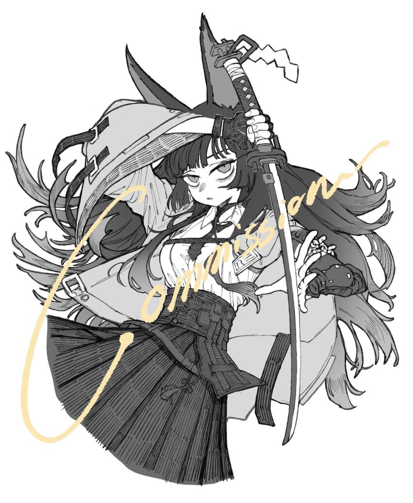 1girl animal_ear_fluff animal_ears arm_out_of_sleeve black_gloves black_hair black_necktie black_skirt commentary commission fighting_stance fingerless_gloves fox_ears fox_girl gloves greyscale hand_to_blade haruchan high-waist_skirt highres holding holding_sword holding_weapon hoshimi_miyabi jacket katana long_hair looking_at_viewer monochrome necktie open_mouth shirt shirt_tucked_in simple_background single_fingerless_glove single_glove skirt solo sword unfinished weapon white_background white_shirt wristband zenless_zone_zero
