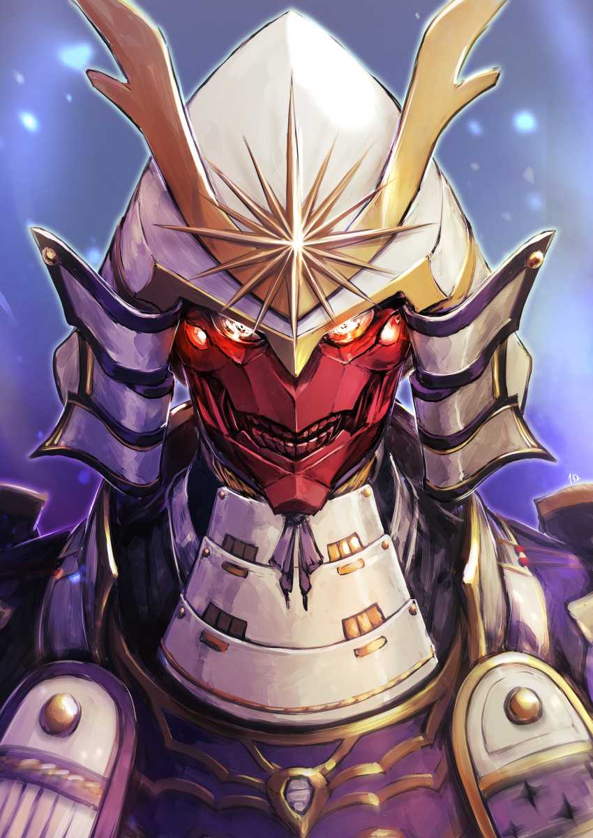 152_in_can 1boy absurdres armor fate/samurai_remnant fate_(series) glowing glowing_eyes helmet highres japanese_armor kabuto_(helmet) male_focus mask portrait red_mask rogue_saber_(fate/samurai_remnant)