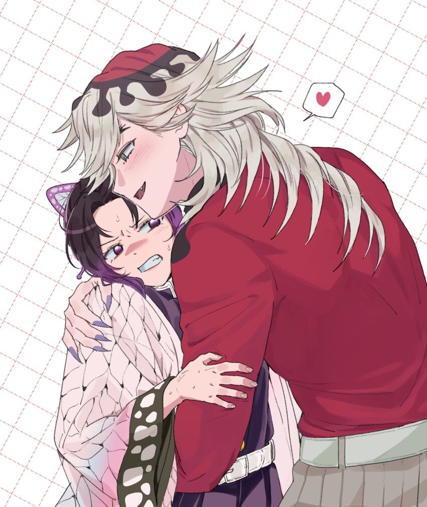 1boy 1girl animal_print arm_around_shoulder belt black_hair black_jacket black_pants blonde_hair blush butterfly_hair_ornament butterfly_print claws clenched_teeth demon_slayer_uniform douma_(kimetsu_no_yaiba) fang fingernails forked_eyebrows furrowed_brow grey_pants grid_background hair_ornament haori heart hetero highres jacket japanese_clothes kimetsu_no_yaiba kochou_shinobu light_blush open_mouth pants parted_bangs print_haori purple_eyes purple_hair purple_nails red_shirt saeng-yang sharp_fingernails shirt sidelocks spoken_heart struggling sweatdrop teeth upper_body white_belt