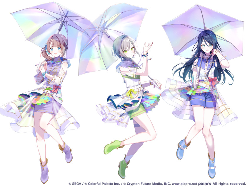 3girls barefoot black_hair blue_eyes brown_hair green_eyes grey_hair hand_up highres holding holding_umbrella long_hair misumi_(macaroni) multiple_girls official_art project_sekai short_hair side_ponytail simple_background transparent transparent_umbrella umbrella white_background