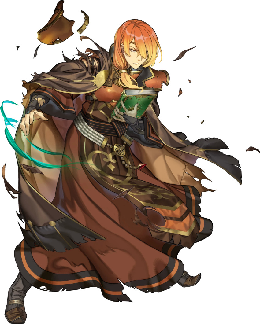 1boy armor book bracelet breastplate broken_armor brown_eyes cape circlet fire_emblem fire_emblem_echoes:_shadows_of_valentia fire_emblem_heroes full_body gradient_hair highres holding holding_book jewelry long_hair low-tied_long_hair luthier_(fire_emblem) maco_(wondermind) male_focus multicolored_hair nintendo non-web_source official_art orange_hair parted_lips pointy_footwear solo torn_clothes transparent_background