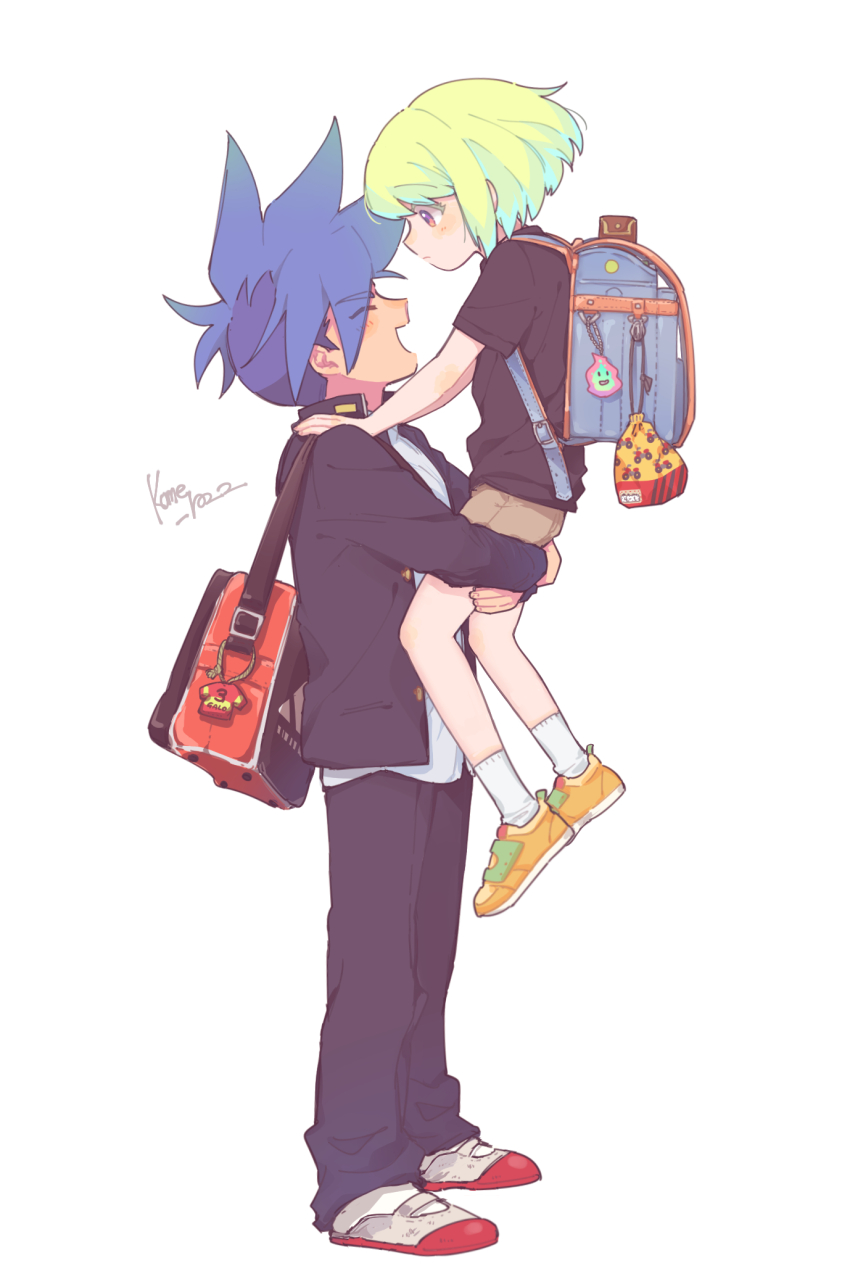 2boys aged_down artist_name backpack bag black_jacket black_pants black_shirt blonde_hair blue_hair carrying carrying_person charm_(object) closed_eyes collared_jacket commentary_request galo_thymos hands_on_another&#039;s_shoulders highres jacket kome_1022 lio_fotia long_sleeves looking_at_another male_focus multiple_boys open_mouth orange_shoes pants pink_eyes popped_collar promare randoseru shirt shoes short_hair short_sleeves shorts shoulder_bag simple_background white_background white_pants