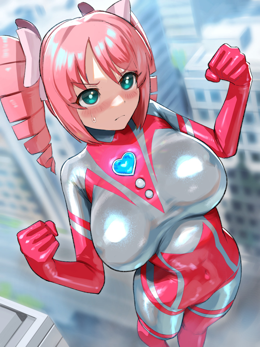 bodysuit building chest_jewel city color_timer colored_skin corset drill_hair giant giantess green_eyes highres large_buttons light_blush magia_magenta magical_girl mahou_shoujo_ni_akogarete nikunopengin pasties pink_corset pink_hair pink_ribbon red_bodysuit ribbon skin_tight sweat sweatdrop tokusatsu torn_bodysuit torn_clothes twin_drills ultimate_girl ultra_series unofficial_sailor_senshi_uniform white_bodysuit white_skin