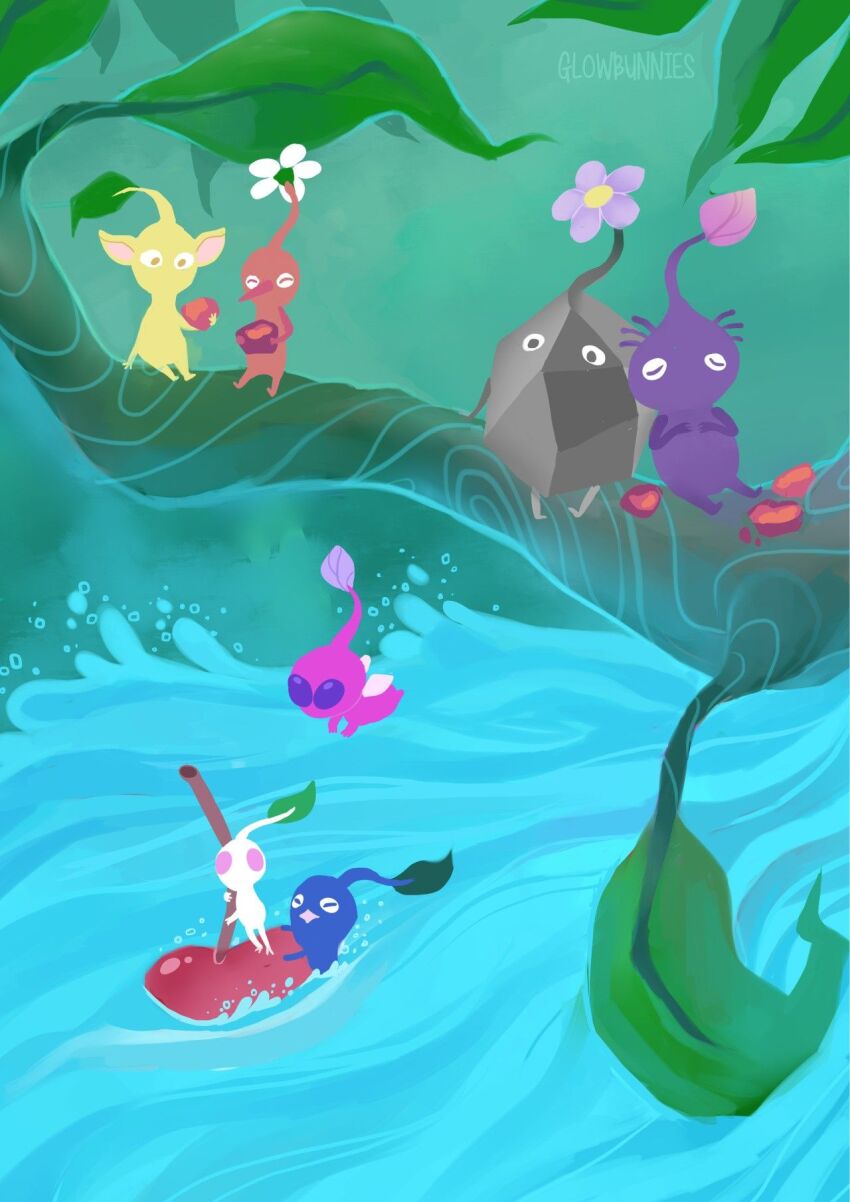 artist_name artist_request berry black_skin blue_pikmin blue_skin brown_eyes bud cherry closed_eyes colored_skin creature creature_focus eating flower flying food fruit highres holding holding_food leaf leaning_on_person nintendo no_humans no_lineart open_mouth oversized_food oversized_object pikmin_(creature) pikmin_(series) pink_eyes pointy_ears purple_flower purple_hair purple_pikmin purple_skin red_pikmin river rock rock_pikmin short_hair sitting solid_circle_eyes source_request swimming third-party_source very_short_hair white_flower white_pikmin white_skin winged_pikmin yellow_pikmin yellow_skin