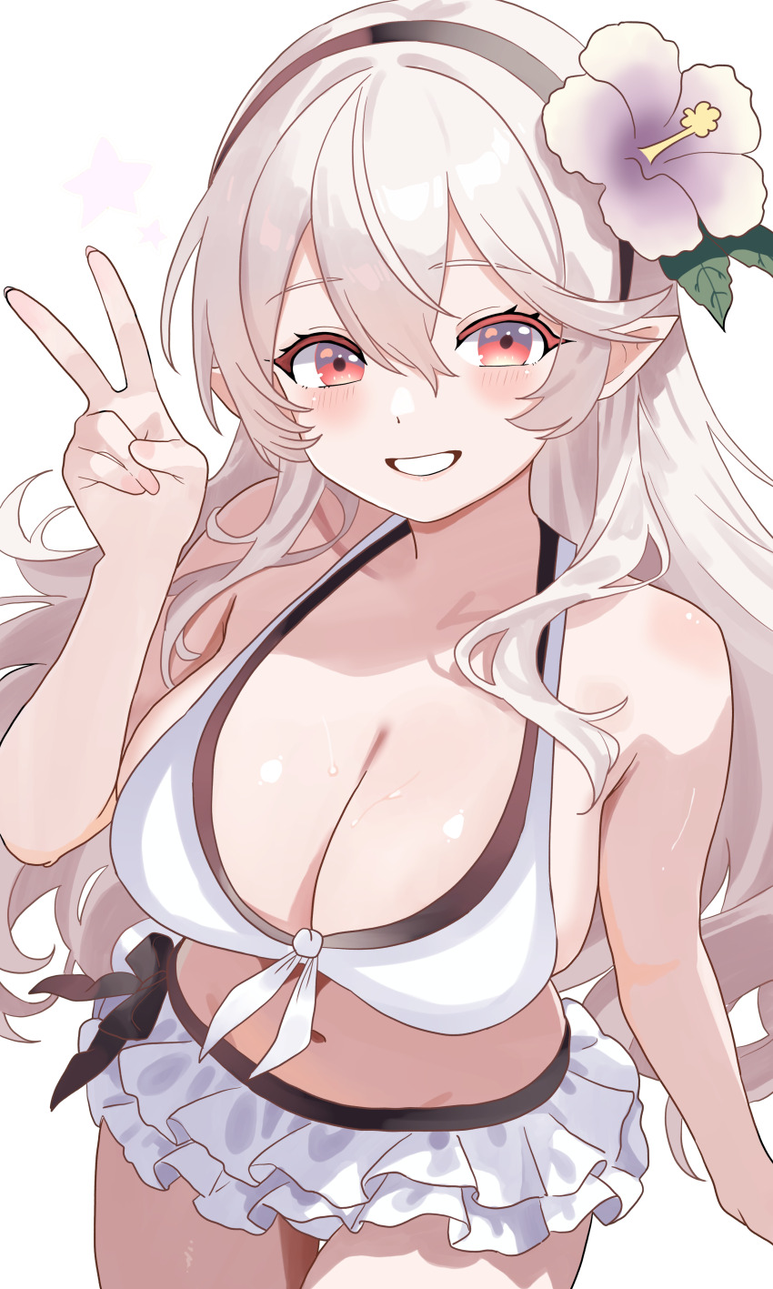 1girl absurdres bikini black_hairband blush breasts cleavage female_corrin_(fire_emblem) female_corrin_(novice_vacationer)_(fire_emblem) fire_emblem fire_emblem_fates fire_emblem_heroes flower grey_hair hair_between_eyes hair_flower hair_ornament hairband highres large_breasts long_hair looking_at_viewer n_54 navel nintendo official_alternate_costume pointy_ears red_eyes sideboob skindentation smile solo sweat swimsuit transparent_background v white_bikini