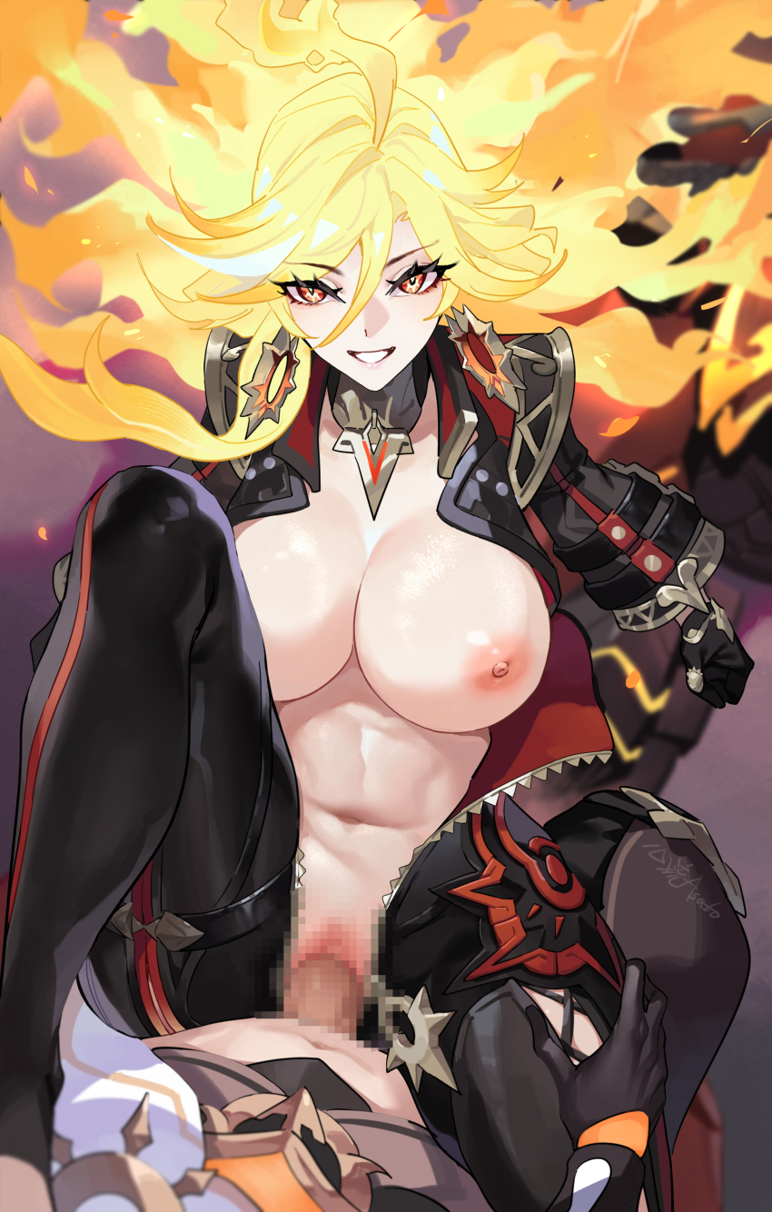 1boy 1girl absurdres aether_(genshin_impact) ahoge artist_name biker_clothes black_gloves bodysuit breasts censored clenched_hand earrings fiery_hair flamestrider_(genshin_impact) genshin_impact gloves hair_between_eyes highres jewelry large_breasts looking_at_viewer mavuika_(genshin_impact) mosaic_censoring motor_vehicle motorcycle navel nipples on_motorcycle parted_lips red_eyes sex smile unzipped vaginal xinliu_asato zipper