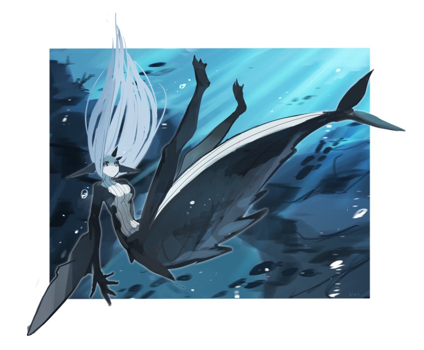 1girl animal_ears black_skin border breasts closed_mouth colored_skin fins fish_girl fish_tail floating_hair grey_eyes grey_skin highres horns large_breasts looking_at_viewer original ruteko_(ruko220) solo tail underwater white_border
