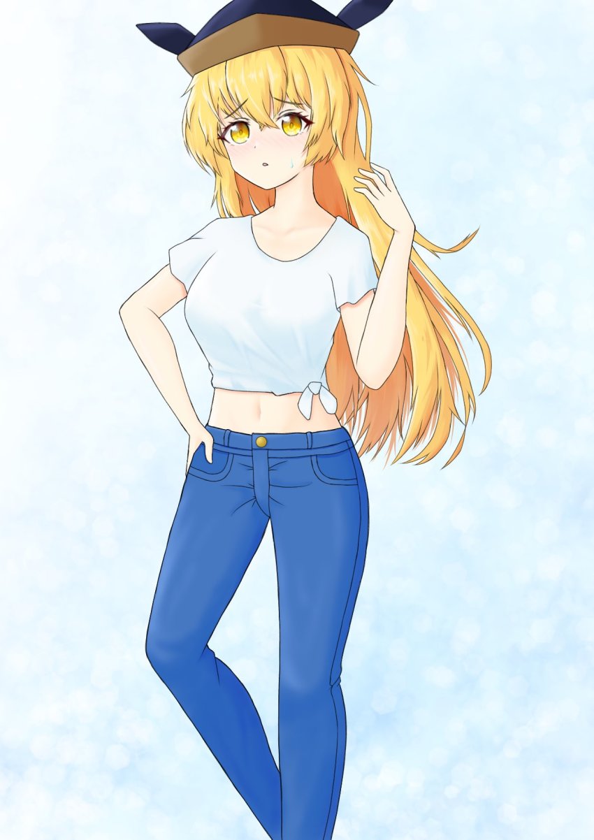 1girl alternate_costume black_hat blonde_hair blue_pants breasts cowboy_shot denim hand_on_own_hip hat highres jeans long_hair matara_okina midriff navel okina_0202 open_mouth pants pointy_hat shirt short_sleeves small_breasts solo t-shirt tied_shirt touhou very_long_hair white_shirt yellow_eyes