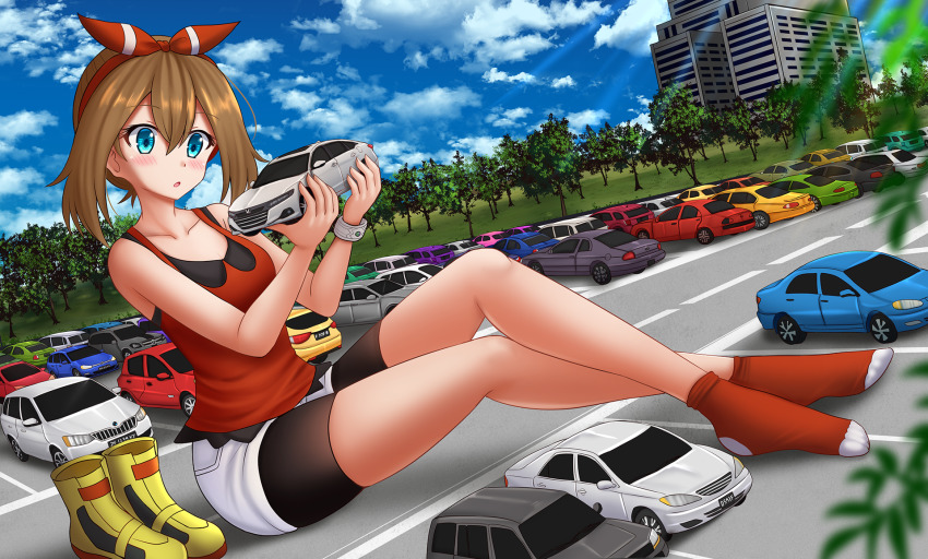 1girl bare_arms bare_shoulders bike_shorts black_shorts blue_eyes blue_sky blurry blurry_foreground blush boots breasts brown_hair building camisole car cleavage cloud cloudy_sky collarbone commentary commission crossed_legs day depth_of_field english_commentary full_body giant giantess hair_between_eyes hair_ribbon hairband highres holding honda honda_accord kazenokaze may_(pokemon) motor_vehicle nintendo outdoors parted_lips pokemon pokemon_oras red_camisole red_hairband red_ribbon red_socks ribbon shirt short_shorts shorts shorts_under_shorts sidelocks sitting sky small_breasts socks solo tree unworn_boots vehicle_request white_shirt yellow_boots