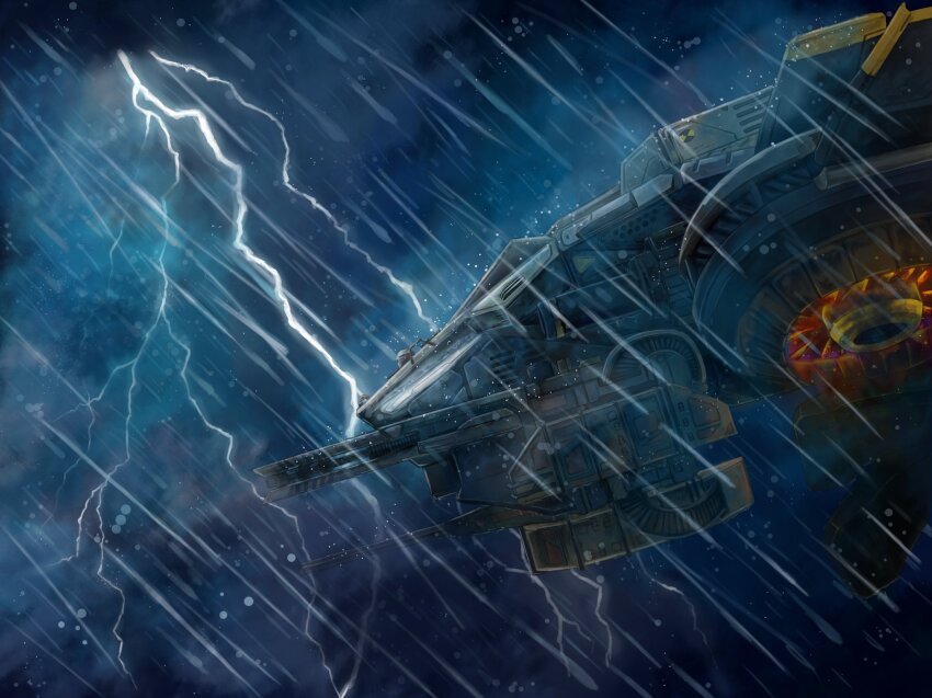 aircraft battle_of_titans cannon cloud cloudy_sky cormorant_(battle_of_titans) flying from_side highres lightning magazine_(weapon) mecha railgun rain robot sky storm tagme thrusters vdt walker_(robot) water_drop