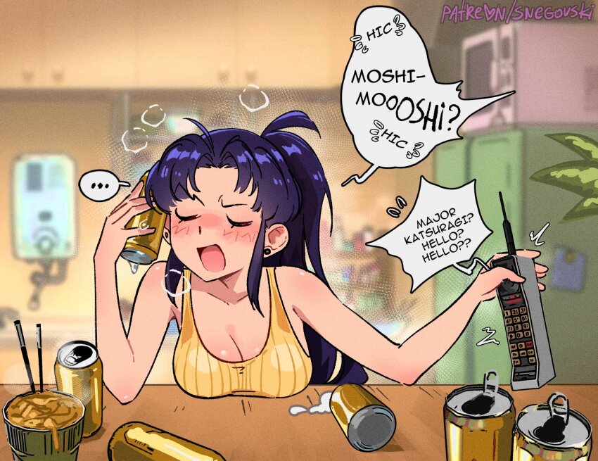 1girl beer_can blush breasts can cleavage closed_eyes cup_ramen drink_can drunk earrings english_text food hiccup highres instant_ramen jewelry katsuragi_misato kitchen medium_breasts neon_genesis_evangelion noodles open_mouth plant purple_hair ramen snegovski solo squeans
