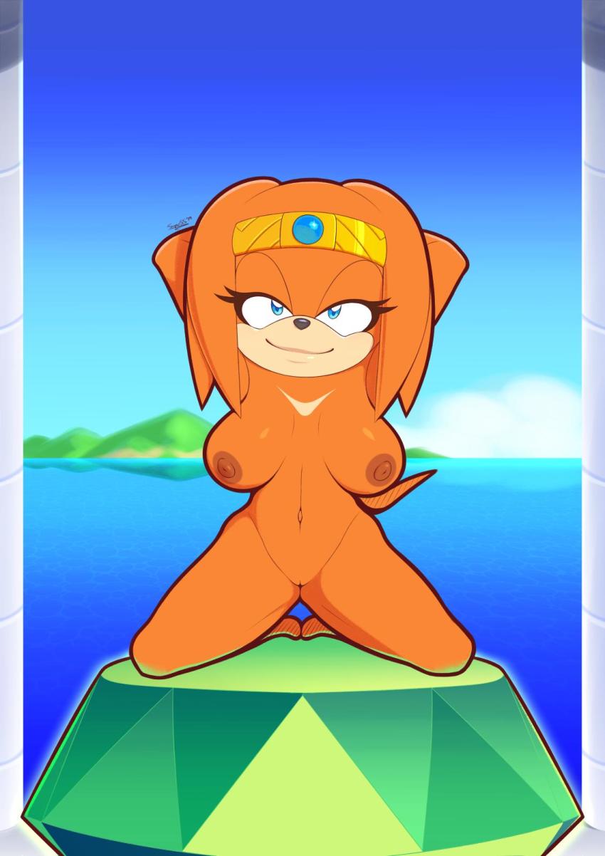 breasts cleft_of_venus cloud gem green_gemstone highres master_emerald navel nipples outdoors pussy sega signature sky sonic_(series) sonic_adventure sonic_(series) sonic_the_hedgehog supersegasonicss tikal_the_echidna water