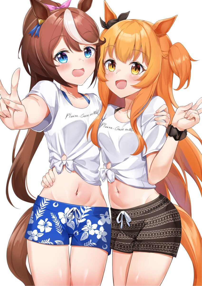 2girls :d animal_ears black_male_swimwear black_swim_trunks blue_eyes blue_male_swimwear blue_shorts blue_swim_trunks blush bow breasts brown_hair brown_shorts collarbone commentary_request cowboy_shot drawstring dusu_(htkj) ear_ribbon floral_print flower gaze_on_me!_outfit_(umamusume) groin hair_between_eyes hair_bow hand_on_another&#039;s_waist hibiscus hibiscus_print high_ponytail highres horse_ears horse_girl horse_tail long_hair looking_at_viewer male_swimwear mayano_top_gun_(umamusume) midriff multicolored_hair multiple_girls navel official_alternate_costume open_mouth orange_eyes orange_hair pink_bow ponytail print_male_swimwear print_swim_trunks print_swimsuit ribbon scrunchie shirt short_shorts short_sleeves shorts sidelocks simple_background small_breasts smile standing streaked_hair swim_trunks swimsuit t-shirt tail tied_shirt tokai_teio_(umamusume) two-tone_hair two_side_up umamusume v white_background white_hair white_shirt wrist_scrunchie