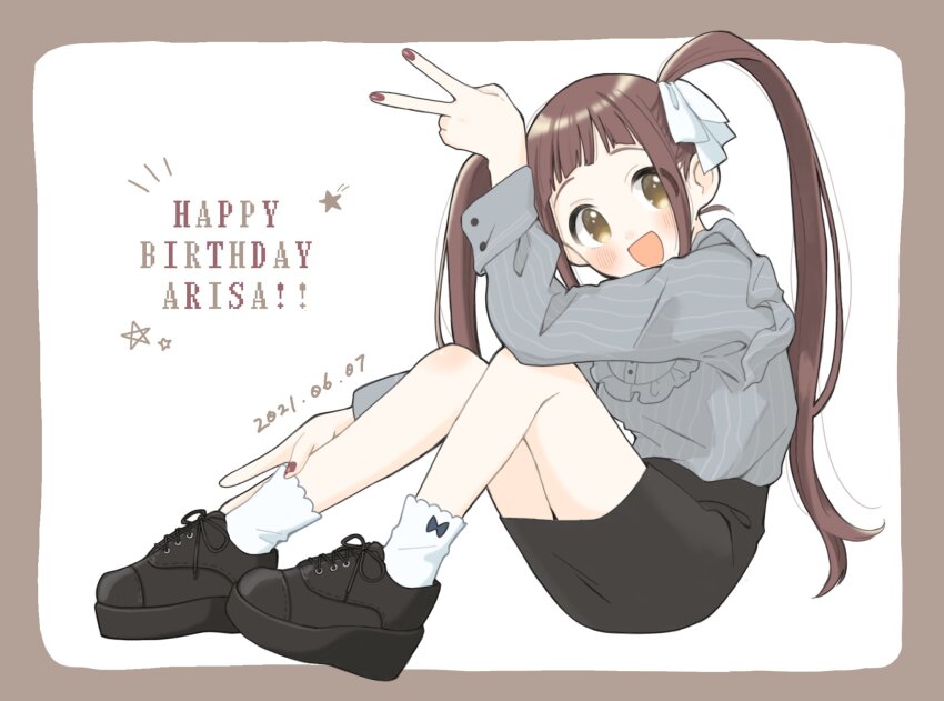 1girl :d black_footwear black_skirt blunt_bangs blush border breasts brown_border brown_eyes brown_hair character_name dated dot_nose double_v frilled_shirt frills from_side full_body grey_shirt hair_ribbon happy_birthday highres htnmanpp idolmaster idolmaster_million_live! idolmaster_million_live!_theater_days long_hair long_sleeves looking_at_viewer matsuda_arisa medium_breasts open_mouth outside_border pencil_skirt red_nails ribbon shirt sidelocks simple_background sitting skirt sleeves_rolled_up smile socks solo star_(symbol) striped_clothes striped_shirt twintails v vertical-striped_clothes vertical-striped_shirt very_long_hair white_background white_ribbon white_socks