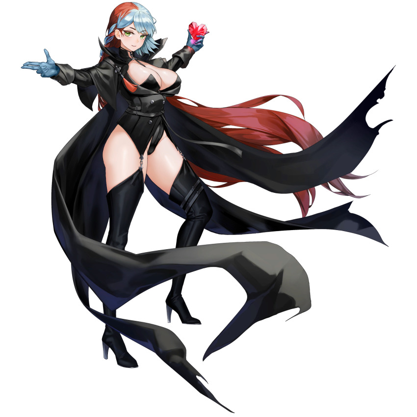 1girl belt between_breasts black_belt black_boots black_cape black_coat black_leotard black_pasties blue_gloves blue_hair bodysuit bodysuit_under_clothes boots braid breasts buttons cape cleavage coat d-log double-breasted framed_breasts full_body gem gloves green_eyes heart heart-shaped_gem high_collar high_heel_boots high_heels highres holding holding_gem knee_boots large_breasts last_origin leotard light_blue_hair light_smile long_hair looking_at_viewer multicolored_hair multiple_belts neodym official_alternate_costume official_art phantom_thief red_hair see-through_bodysuit see-through_clothes side_braid single_braid solo standing tachi-e thigh_belt thigh_strap torn_cape torn_clothes transparent_background two-tone_hair very_long_hair