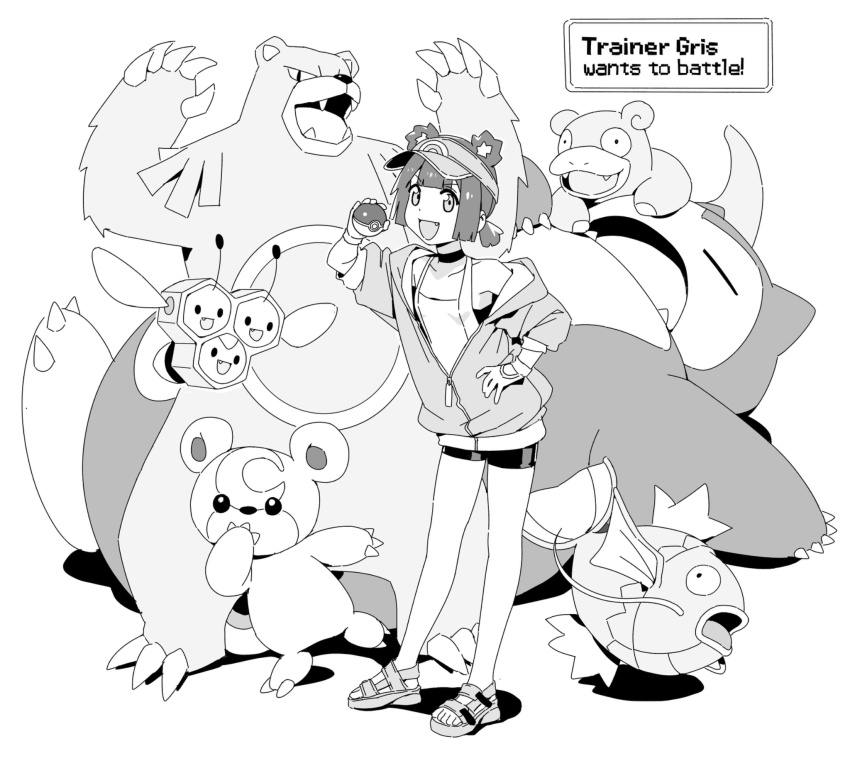 1girl animal_ears antennae arm_up bare_shoulders bear_ears bike_shorts blunt_bangs blunt_sidelocks breasts character_name claws closed_eyes collarbone combee commentary contrapposto covering_own_mouth dot_nose double-parted_bangs english_commentary english_text eyebrows_hidden_by_hair fang fangs flying gen_1_pokemon gen_2_pokemon gen_4_pokemon gloves go!_go!_gris! greyscale grin gris_(go!_go!_gris!) hand_on_own_hip highres holding holding_poke_ball hood hoodie leaning_forward long_sleeves looking_at_viewer low_ponytail lying magikarp monochrome narrowed_eyes nintendo off_shoulder on_back open_mouth original partially_unzipped poke_ball poke_ball_(basic) pokemon pokemon_(creature) ponytail sandals short_hair short_shorts shorts sidelocks simple_background slowpoke small_breasts smile snorlax standing standing_on_one_leg tank_top teddiursa ursaring v-shaped_eyebrows vertigris visor_cap whiskers white_background zipper_pull_tab