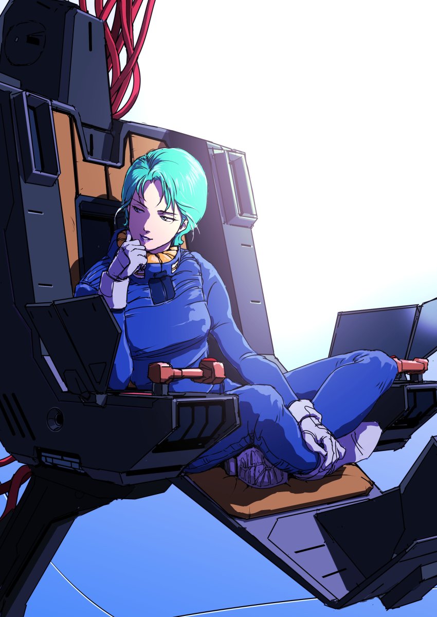 1girl absurdres aqua_eyes aqua_hair blue_bodysuit bodysuit breasts cockpit four_murasame full_body gloves gundam highres indian_style mecha_pilot_suit normal_suit_(gundam) parted_lips purple_lips short_hair sitting small_breasts smile solo teikoku_jokyoku zeta_gundam