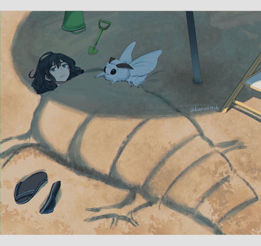 1boy beach_chair black_hair blanca_(fate) blue_eyes bucket bug buried cocoon fate/grand_order fate_(series) feng_cheng_(kanon91426) highres insect male_focus medium_hair moth oberon_(fate) oberon_(third_ascension)_(fate) open_mouth outdoors sand_sculpture sandals shovel solo
