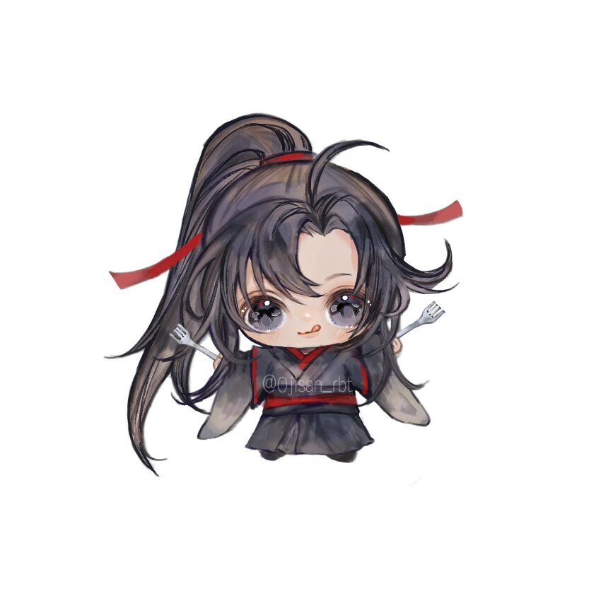 1boy :q ahoge black_boots black_hair black_hanfu boots chibi chibi_only chinese_clothes fork full_body grey_eyes hair_ribbon hands_up hanfu highres holding holding_fork licking_lips long_hair long_sleeves looking_at_viewer male_focus modao_zushi ojisan_rbt parted_bangs ponytail red_ribbon ribbon robe sash sidelocks simple_background smile solo tongue tongue_out twitter_username very_long_hair watermark wei_wuxian white_background wide_sleeves