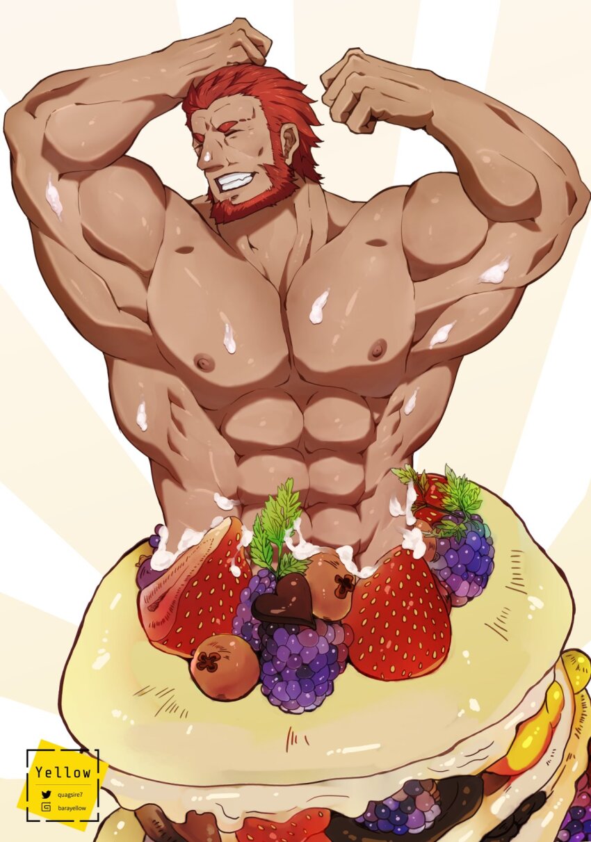 1boy abs bara beard chinstrap_beard closed_eyes fate/zero fate_(series) flexing food food_on_body fruit grapes highres iskandar_(fate) male_focus masa_yawara_(yellow) muscular muscular_male nipples pancake pancake_stack red_hair sideburns signature strawberry