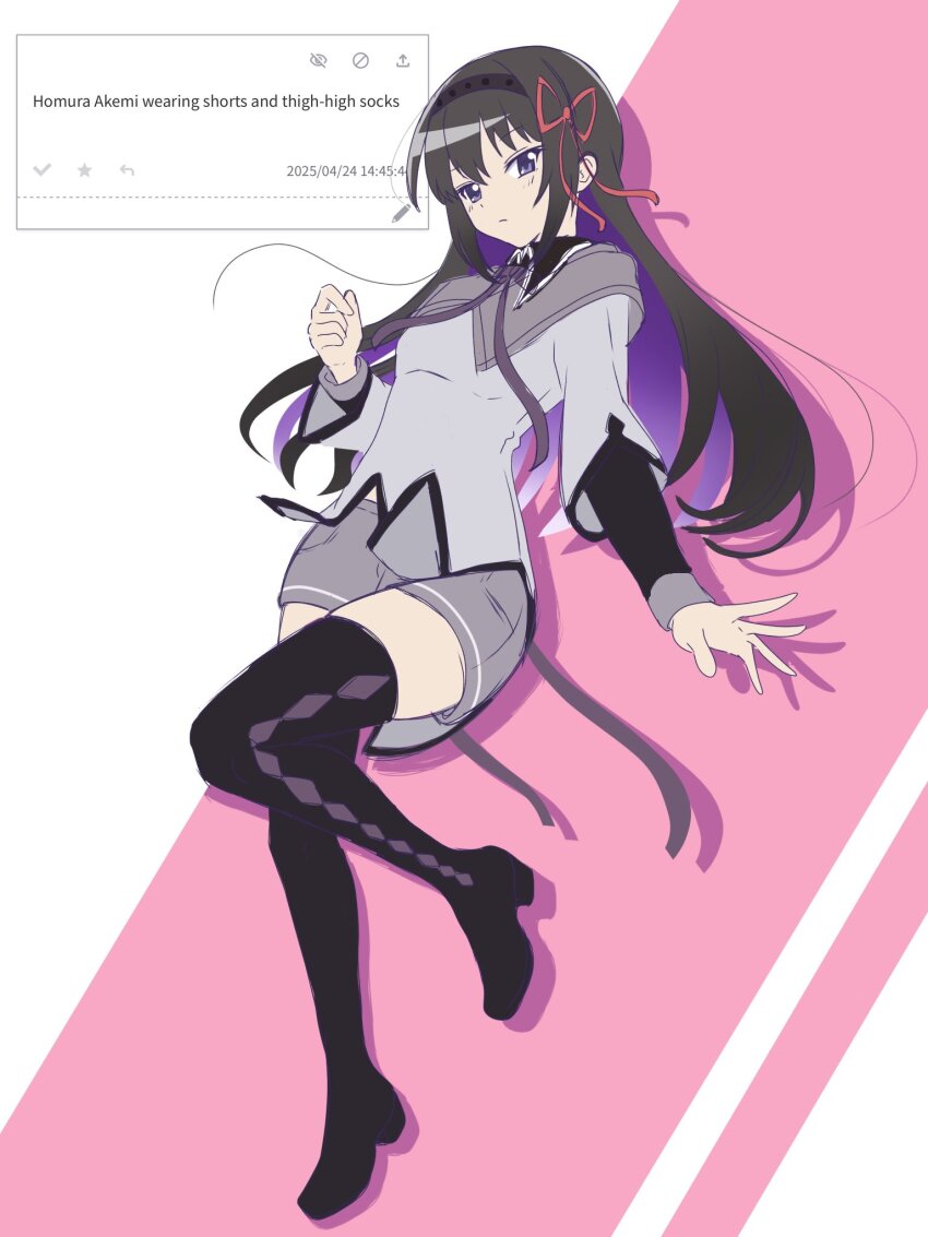 1girl adapted_costume akemi_homura akemi_homura_(magical_girl) alternate_costume argyle_clothes argyle_thighhighs black_hair black_hairband black_thighhighs boots bow breasts colored_inner_hair expressionless gradient_hair hair_bow hair_ribbon hairband highres long_hair looking_at_viewer magical_girl mahou_shoujo_madoka_magica multicolored_hair odaibako purple_eyes red_ribbon request_inset ribbon shorts simple_background small_breasts solo standing thigh_boots thighhighs thighs zettai_ryouiki