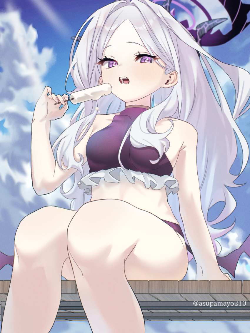 1girl alternate_costume arm_support artist_name asupa_mayo0210 bare_arms bare_legs bare_shoulders bench bikini black_halo blue_archive blue_sky breasts cloud cloudy_sky collarbone day demon_girl demon_horns demon_wings feet_out_of_frame fingernails food frilled_bikini frills grey_hair hair_behind_ear halo hand_up highres hina_(blue_archive) holding holding_food holding_ice_cream holding_popsicle horns ice_cream loli long_hair looking_at_viewer low_wings multiple_horns open_mouth outdoors panties parted_bangs popsicle purple_bikini purple_eyes purple_panties sidelocks sitting sky small_breasts solo swimsuit teeth thighs underwear very_long_hair wings wooden_bench