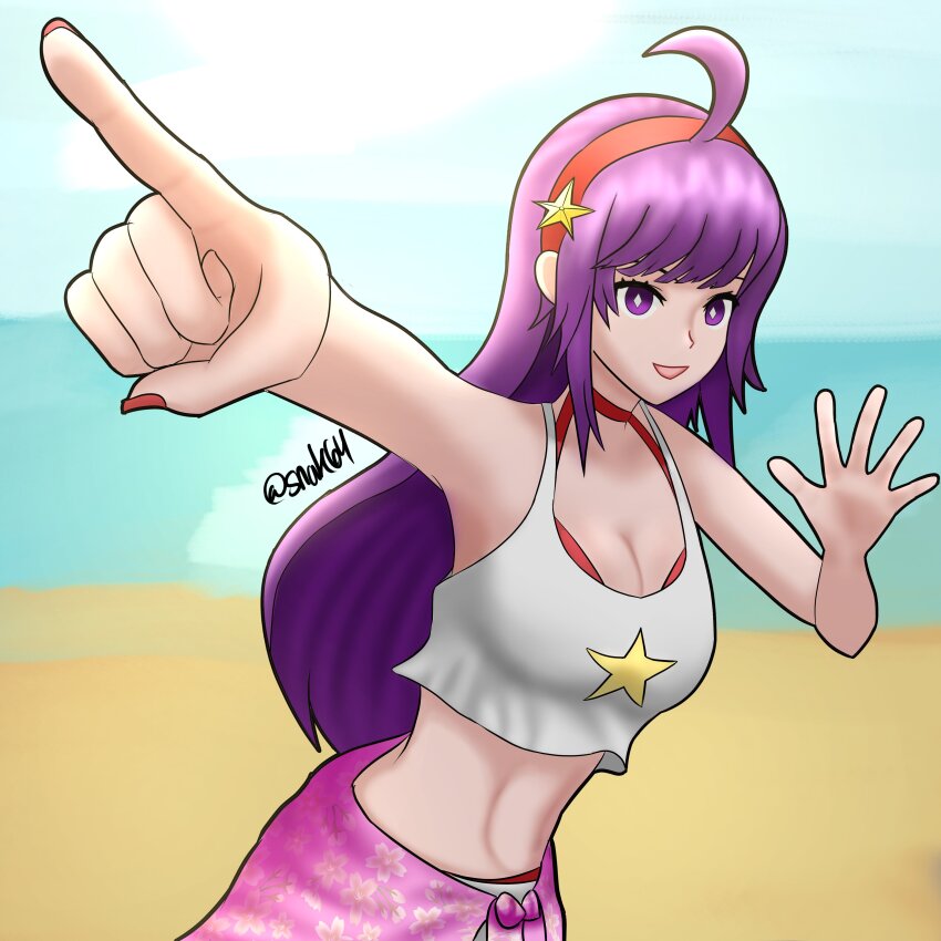 1girl absurdres asamiya_athena beach bikini breasts female_focus flower_print hairband hands_up highres long_hair looking_at_viewer medium_breasts outdoors pale_skin purple_eyes purple_hair sand shirt sky smile snak64 standing star_(symbol) swimsuit tank_top the_king_of_fighters water white_shirt