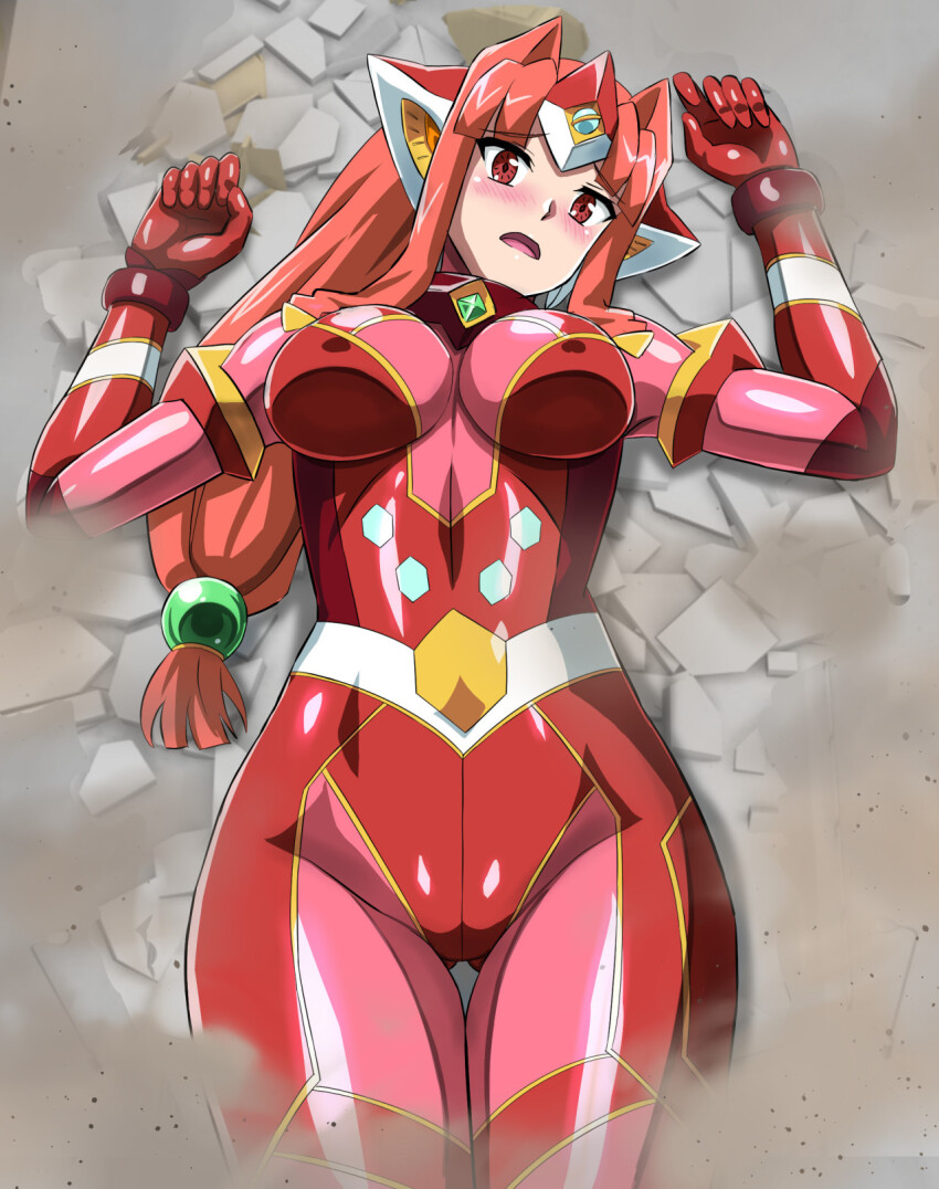 1girl asu_(hengaya) blush breasts covered_erect_nipples cowboy_shot d: dust from_above gem giant giantess headgear highres large_breasts long_hair low-tied_long_hair lying on_back on_floor ootori_vivienne open_mouth parted_bangs ponytail red_eyes sidelocks solo ultimate_girl