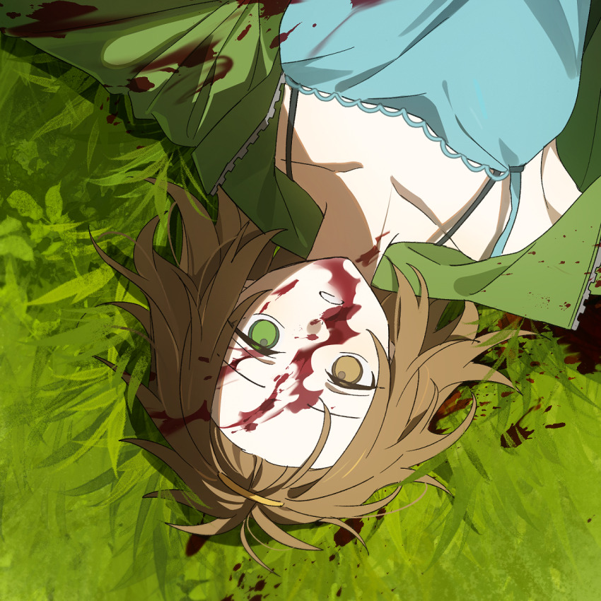 1girl bangs_pinned_back blood blood_on_clothes blood_on_face blood_splatter blue_camisole breasts brown_eyes camisole chinese_commentary commentary_request day expressionless forehead from_above frown gotou_momoko grass green_eyes green_jacket heterochromia highres jacket lying medium_hair on_back on_ground open_clothes open_jacket outdoors outstretched_arms parted_lips sakuraihum shigatsu_youka small_breasts solo spaghetti_strap spread_arms upper_body upside-down